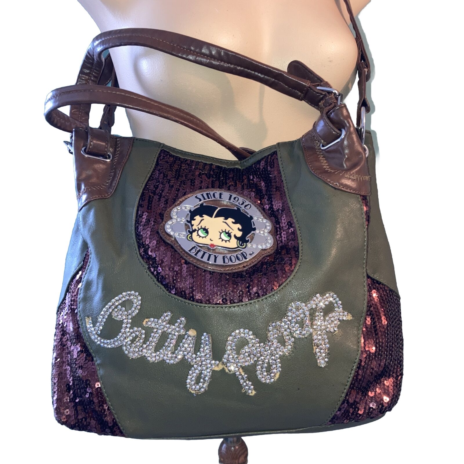 Vintage Green Y2k Betty Boop Metal Medallion Brown Sequin Rhinestone Handbag