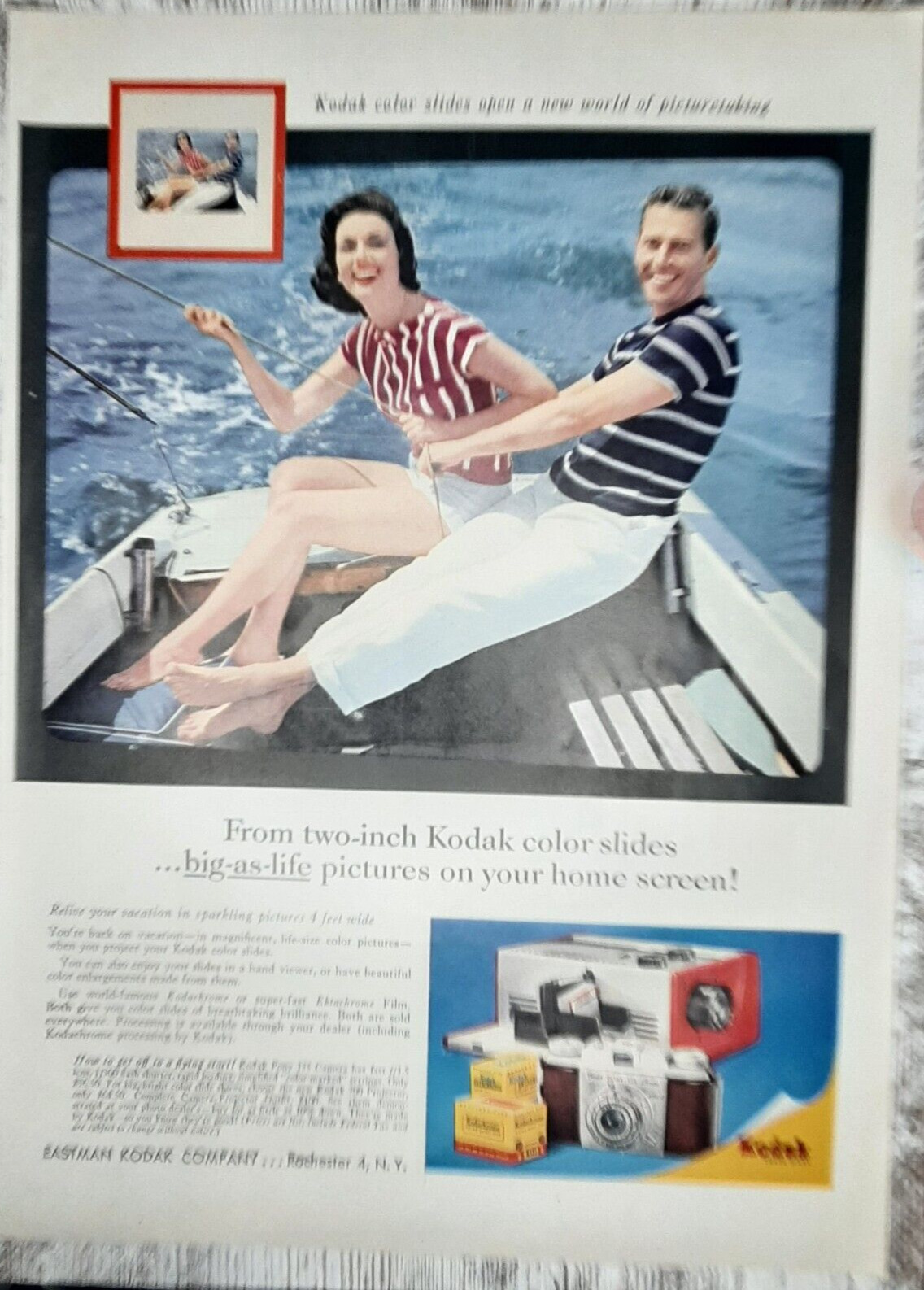 1957 Kodak Vintage Print Ad Eastman Film Color Slides Man Woman Sailboat Camera