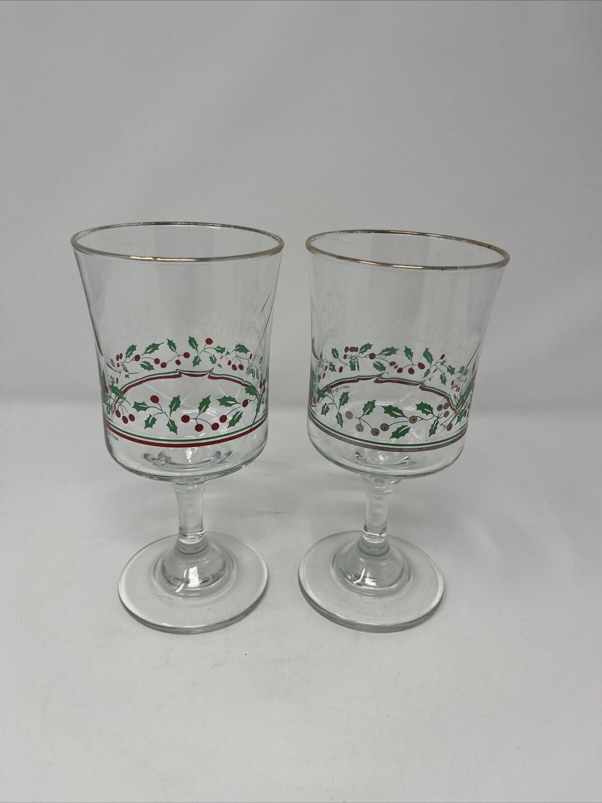 lot of 2 Vintage 1987 Arbys Christmas Holly Berry Glasses Wine Goblet Libbey