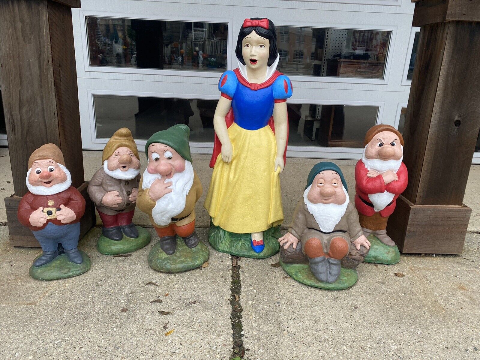 Restored & Painted Concrete Snow White & 5 Dwarfs Garden Statues