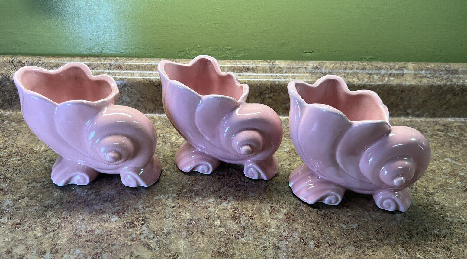 Lot Of 3 Vintage 1950s Ceramic Pink Conch Planter Ocean Shell Beach Decor