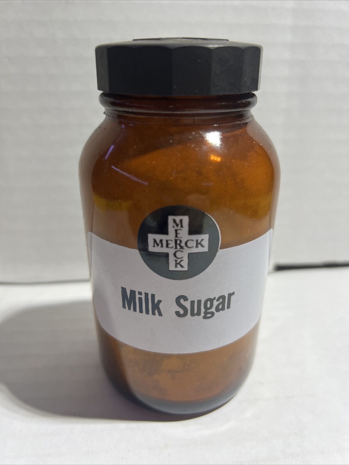 Vintage Merck & Co Milk Sugar Amber Maryland Glass Pharmaceutical Bottle