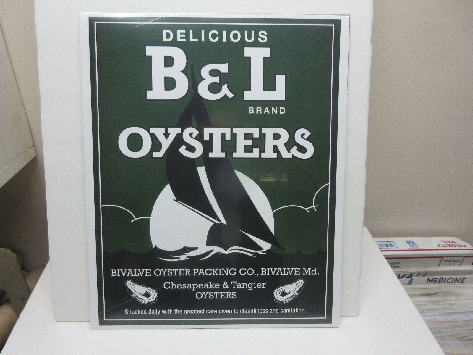 LARGE = B & L OYSTER CAN ADVERTISING SIGN=BIVALVE, MD. = MINT .  
