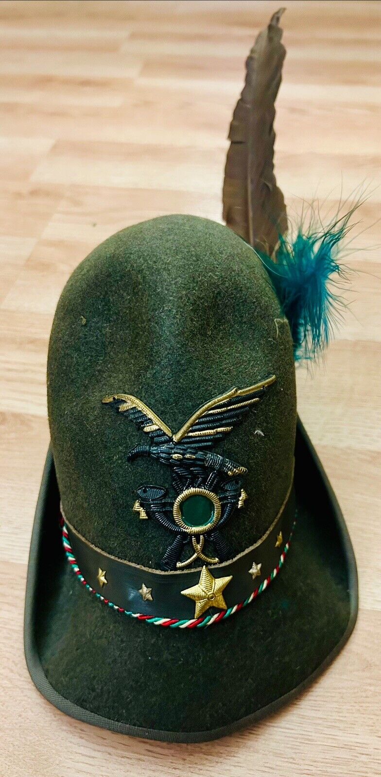Vintage Mid 20thCentury Wool Italian Military Alpine Hat Capello Alpino Feathers