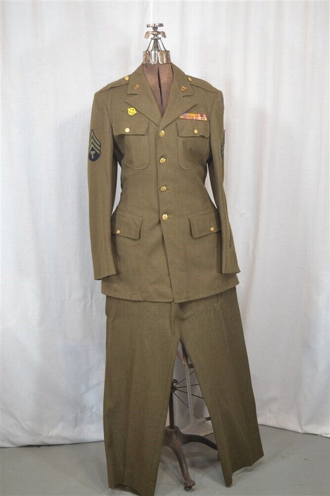antique men's WWII uniform complete dress jacket, pants, belt buttons patches 