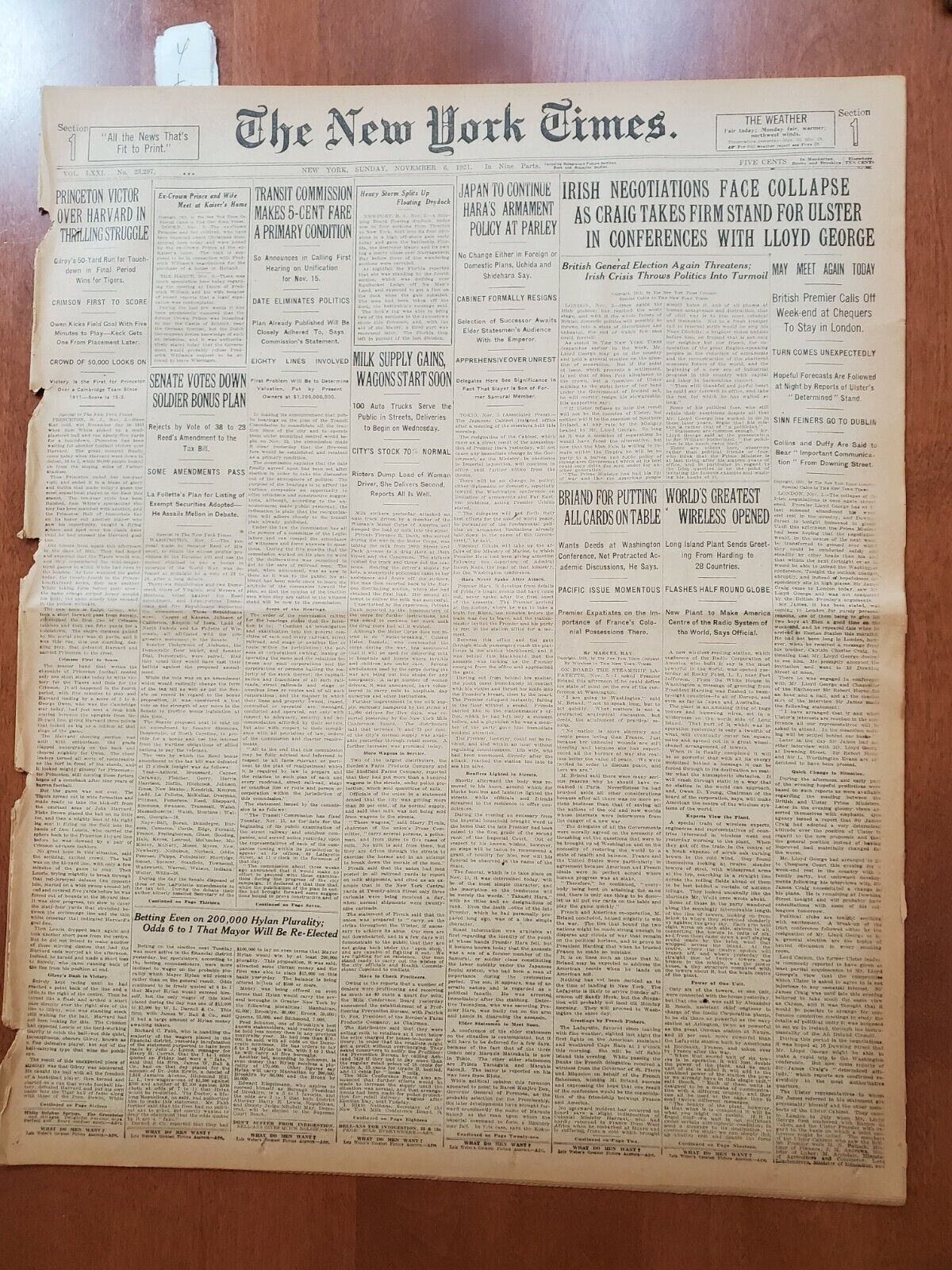 1921 NOVEMBER 6 NEW YORK TIMES - WORLD'S GREATEST WIRELESS OPENED - NT 8023