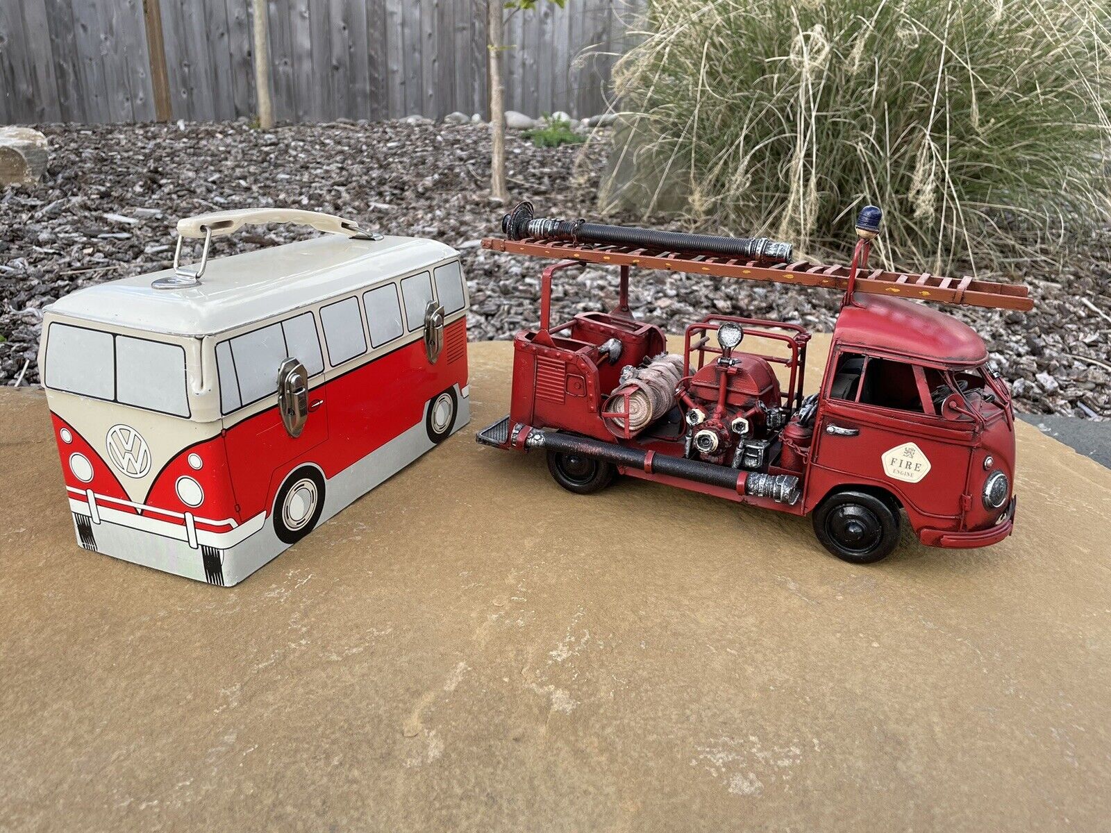 RARE - Vintage 1960s Volkswagen Bus Lunch Box and VW Bus Fire Truck