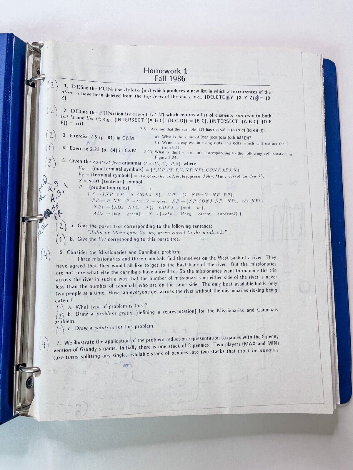 UCLA Intro to Artificial Intelligence Student Binder 1986 Assignments, Notes Etc