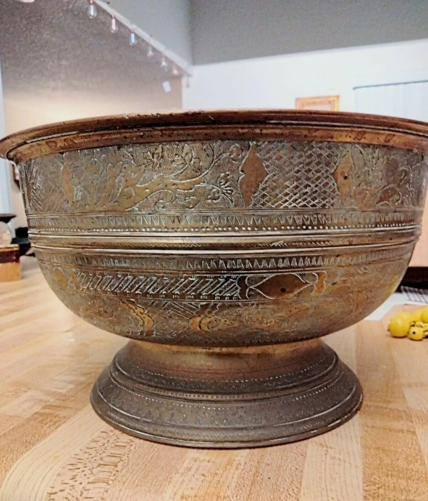 Large Antique Indonesian engraved hand chased solid bronze Bokor or washing Bowl