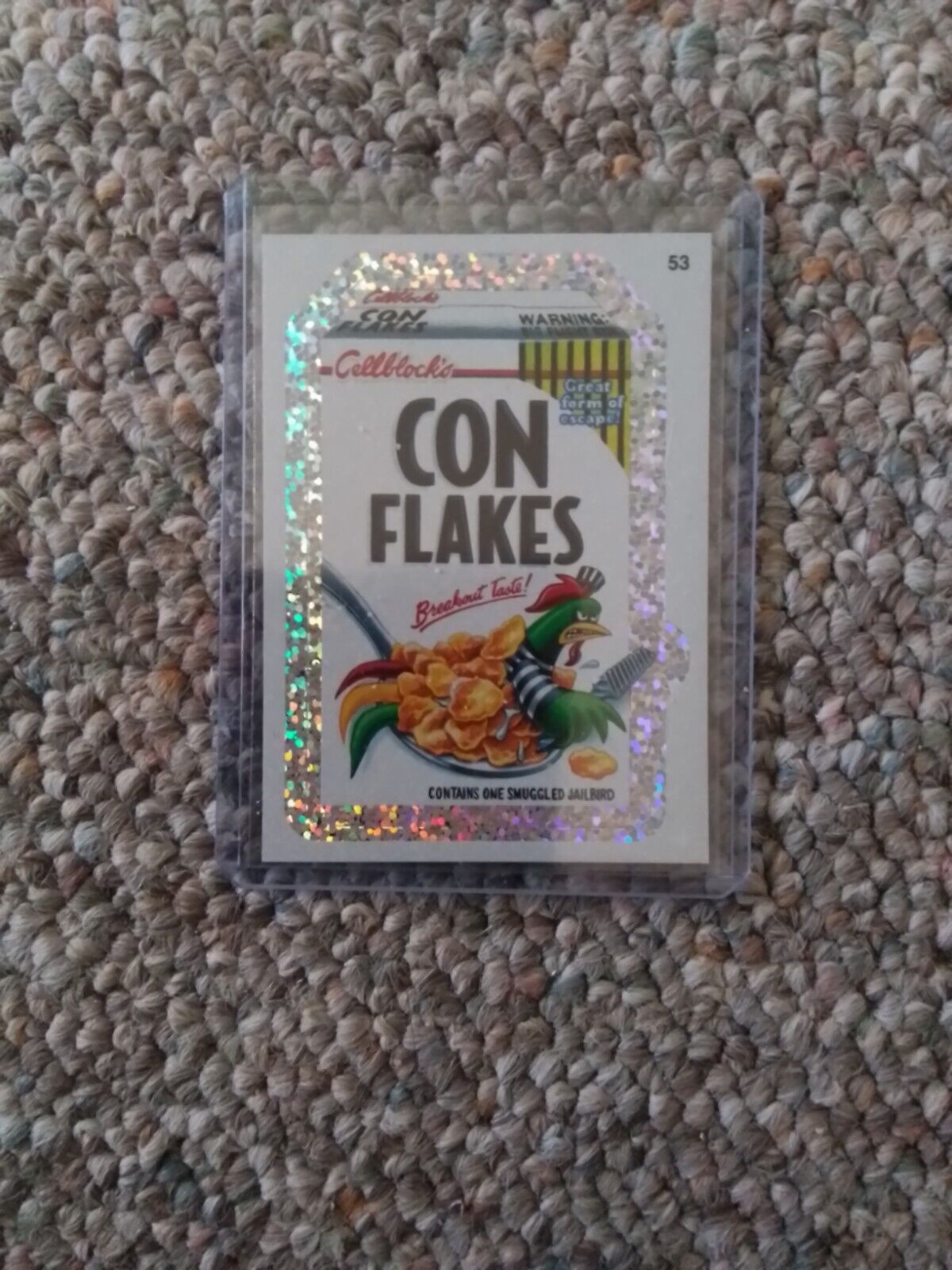 Wacky Packages 2011 All New Series 8 Sticker #53 CON FLAKES (Silver Flash Foil).