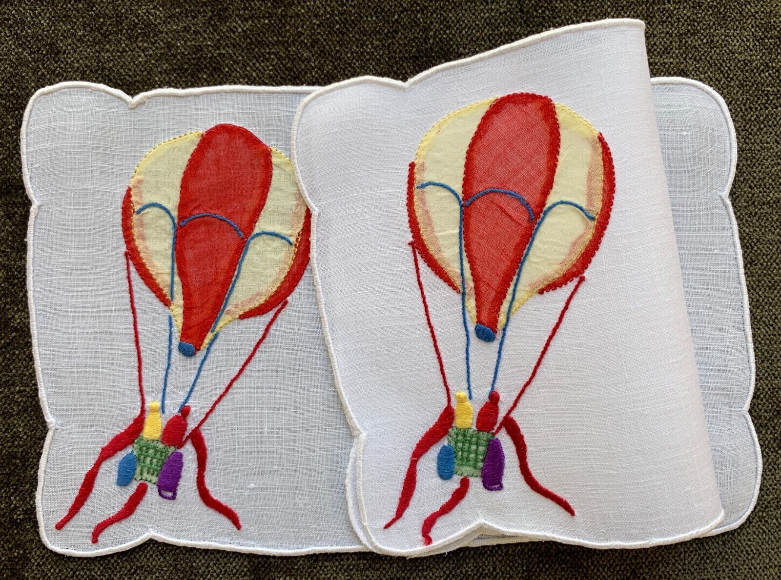 Vintage Cocktail Napkins Embroidered Hot Air Balloon Set of 2
