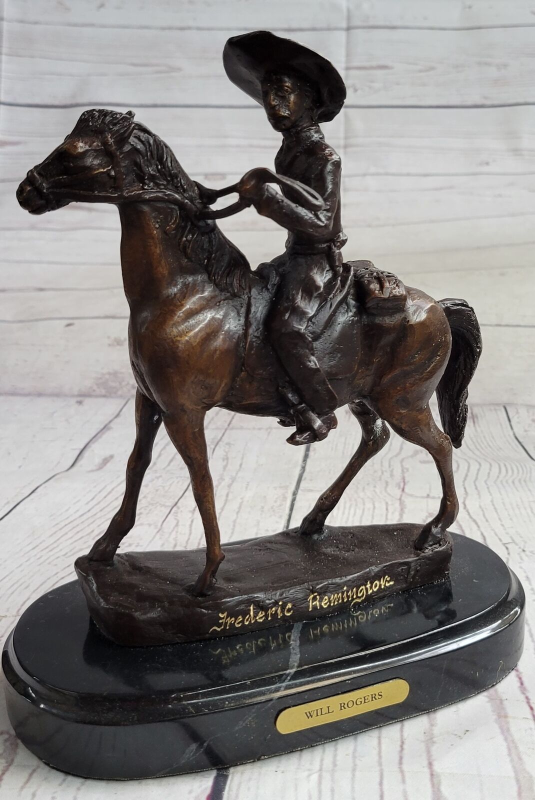 WILL ROGERS Western Bronze Cowboy Sculpture Statue on Marble Base by F Remington