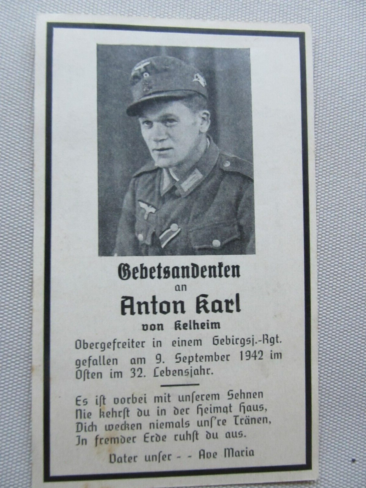 Rare WWII German Death Card, Mountain Uniform in Photo, NICE EIDELWEISS INSIGNIA