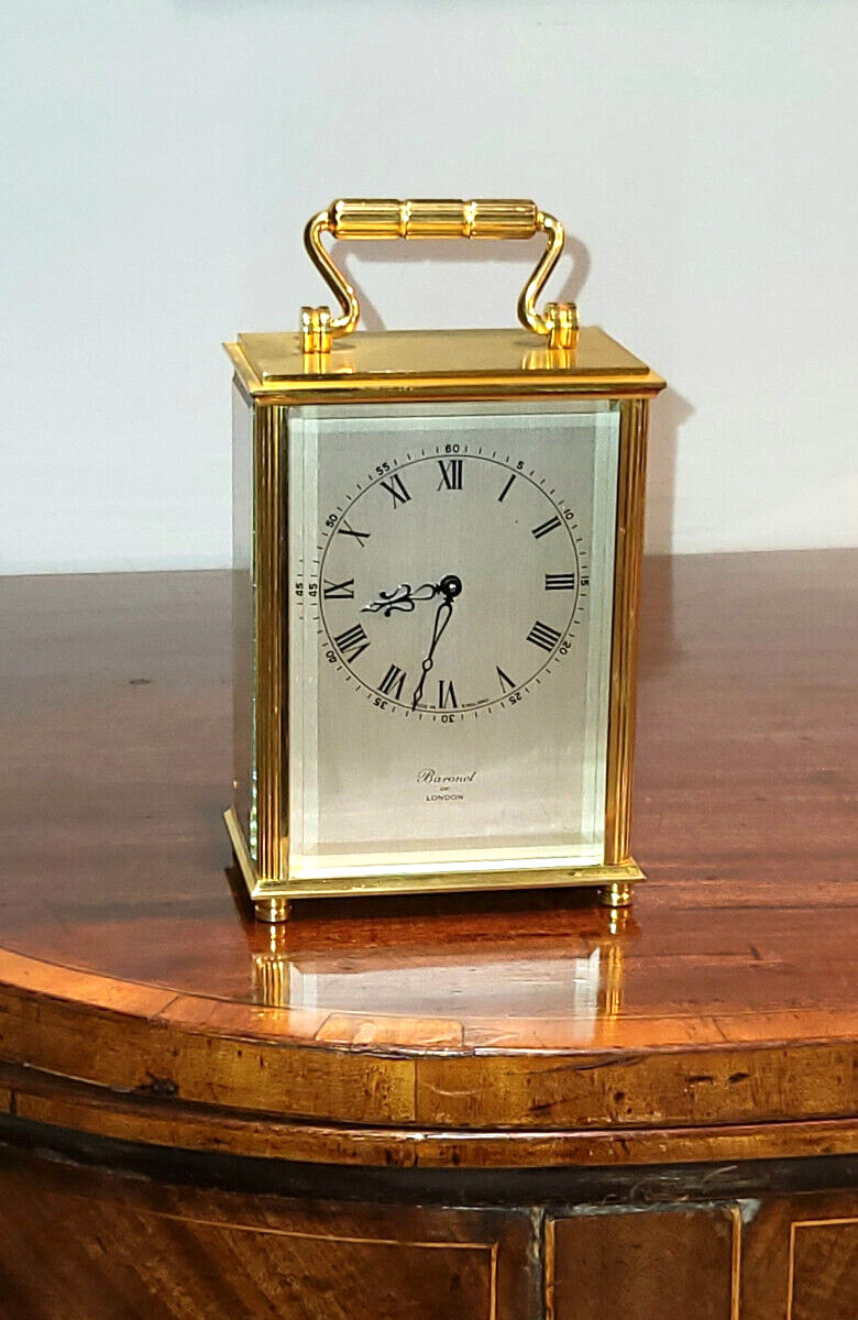 Elegant c. 1970 Baronet of London Gilt-Brass Carriage Clock Swiss 15-jewel movt.