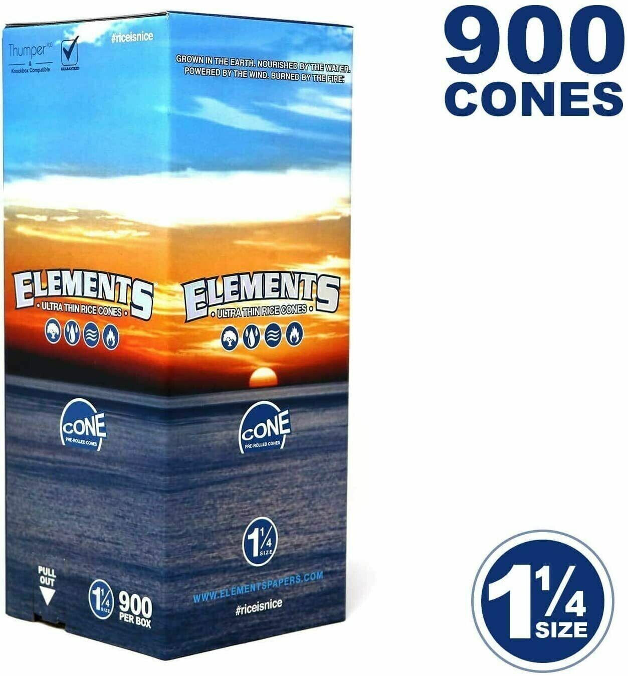Elements 900pcs - 1 1/4 Rice Cones - Natural Unbleached Unrefined Rolling Papers