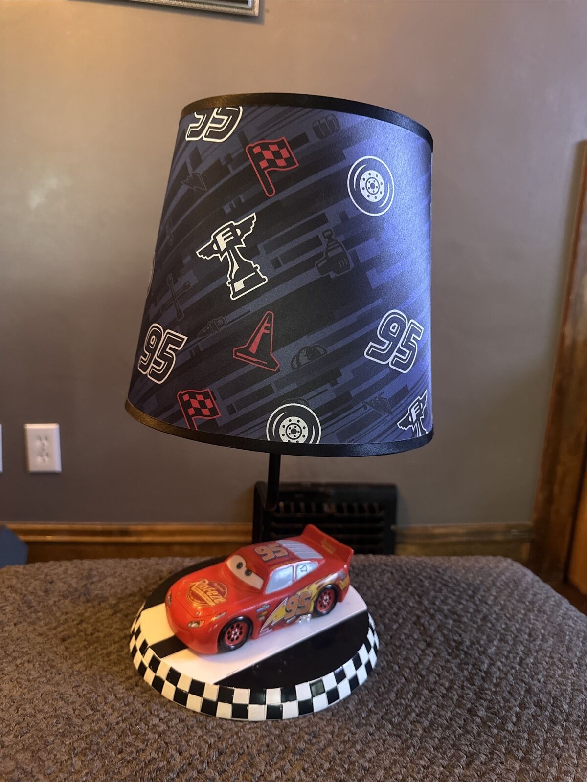 Disney Cars Lightning McQueen Table Bedside Lamp Checkered Flag Base With Shade