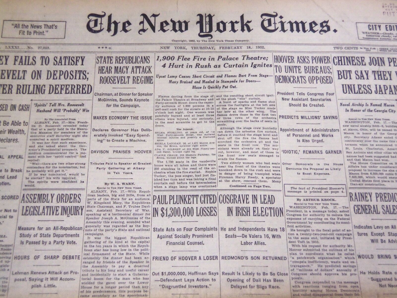 1932 FEBRUARY 18 NEW YORK TIMES - 1900 FLEE FIRE IN PALACE THEATRE - NT 4791