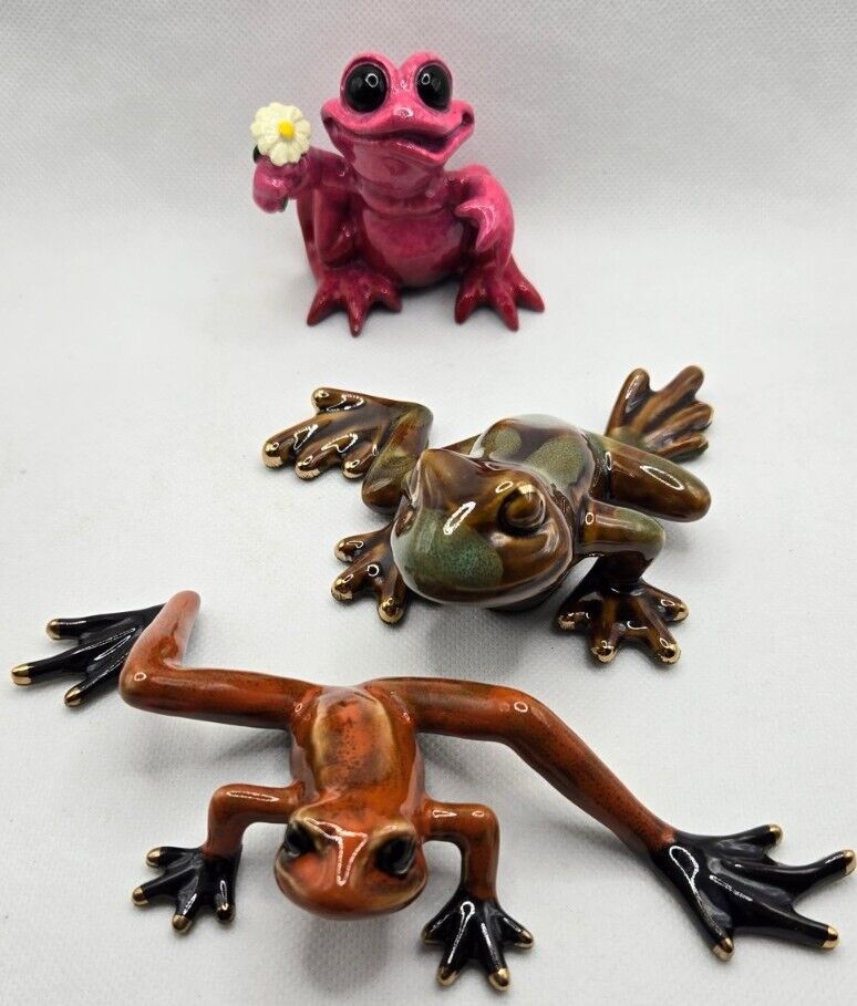 Golden Pond + Kitty's Critters Frog Figurine Lot of 3 Green/Brown/Pink/Orange