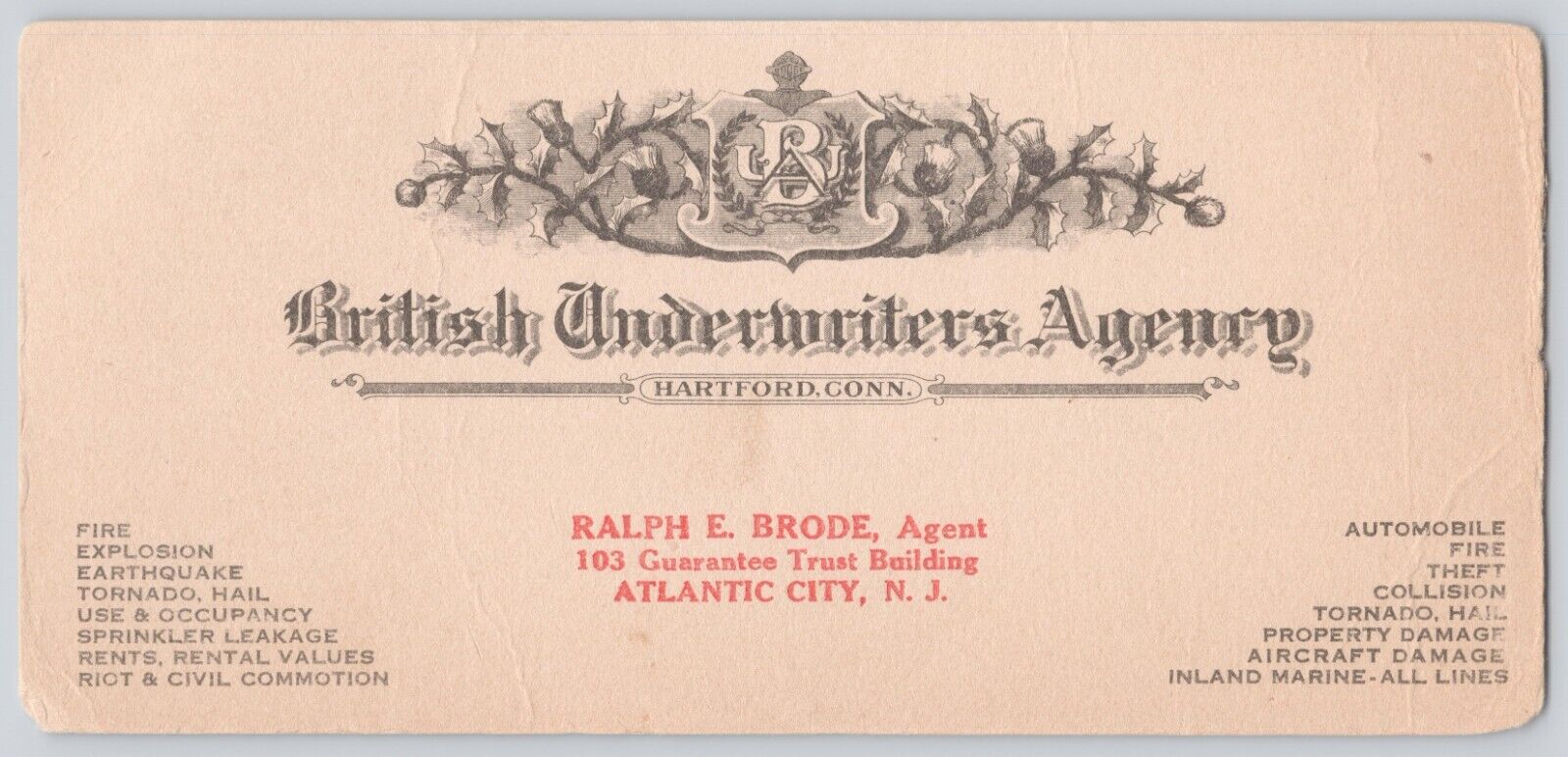 1920s British Underwriters Agency Letterhead Card Ralph Brode Atlantic City NJ