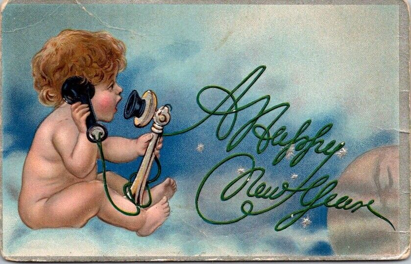 Postcard Have a Happy New Year Call Telephone from Baby Cherub c.1907-1915  Q503