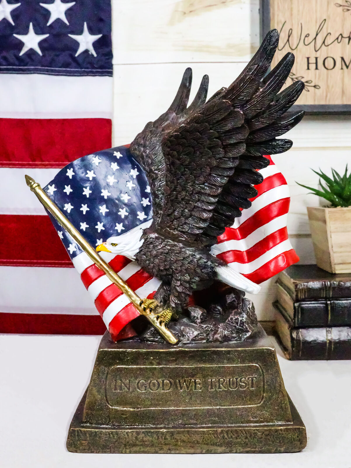 Patriotic Pride And Honor Bald Eagle Clutching American Flag Statue 10.75