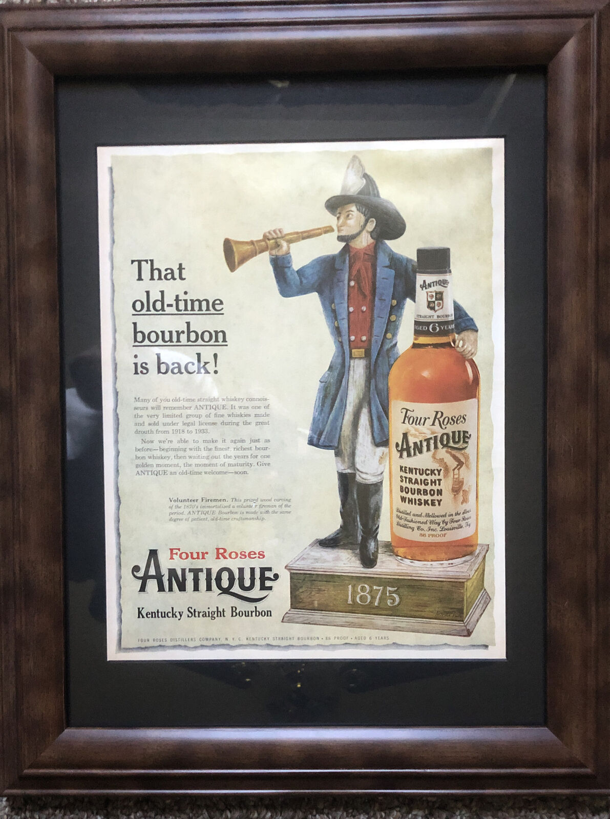 Four Roses  Bourbon Whiskey Firefighter Circa. 1950s Framed and Matted Print Ad