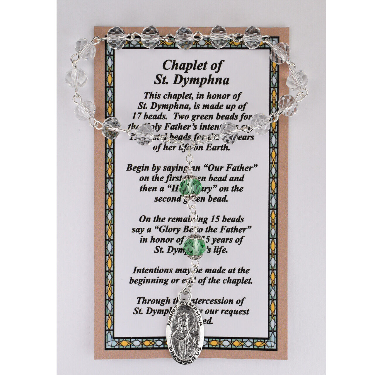 St. Dymphna Chaplet with a Laminated Prayer Card plus Two Free Holy Cards