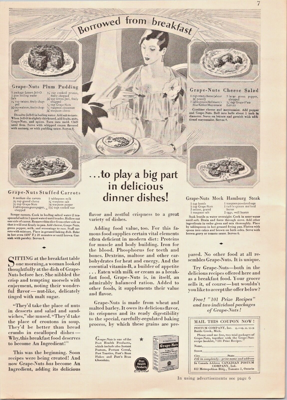 1928 Grape Nuts Cereal Vintage Print Ad-borrowed Breakfast to make dinner- B10
