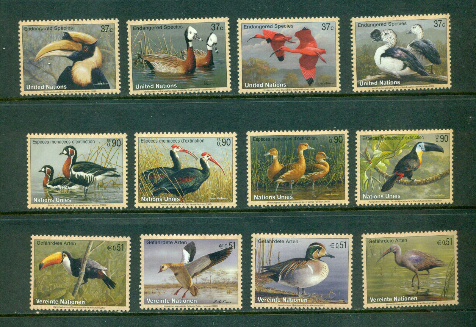 2003 Set of 12 Stamps honoring Endangered Species United Nations all 3 Offices