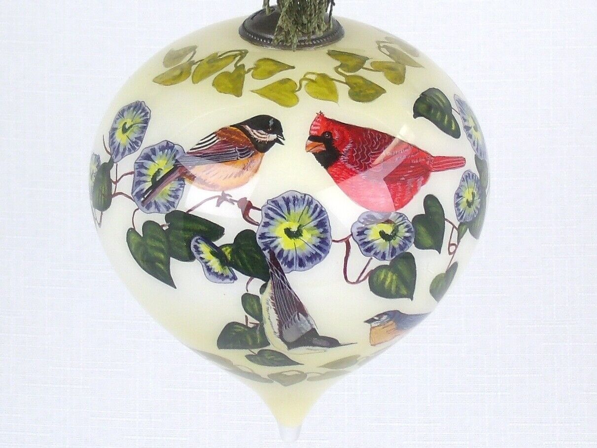 Ne \'Qwa Reverse Painted Glass Christmas Ornament Robert Schmidt Birds Flowers