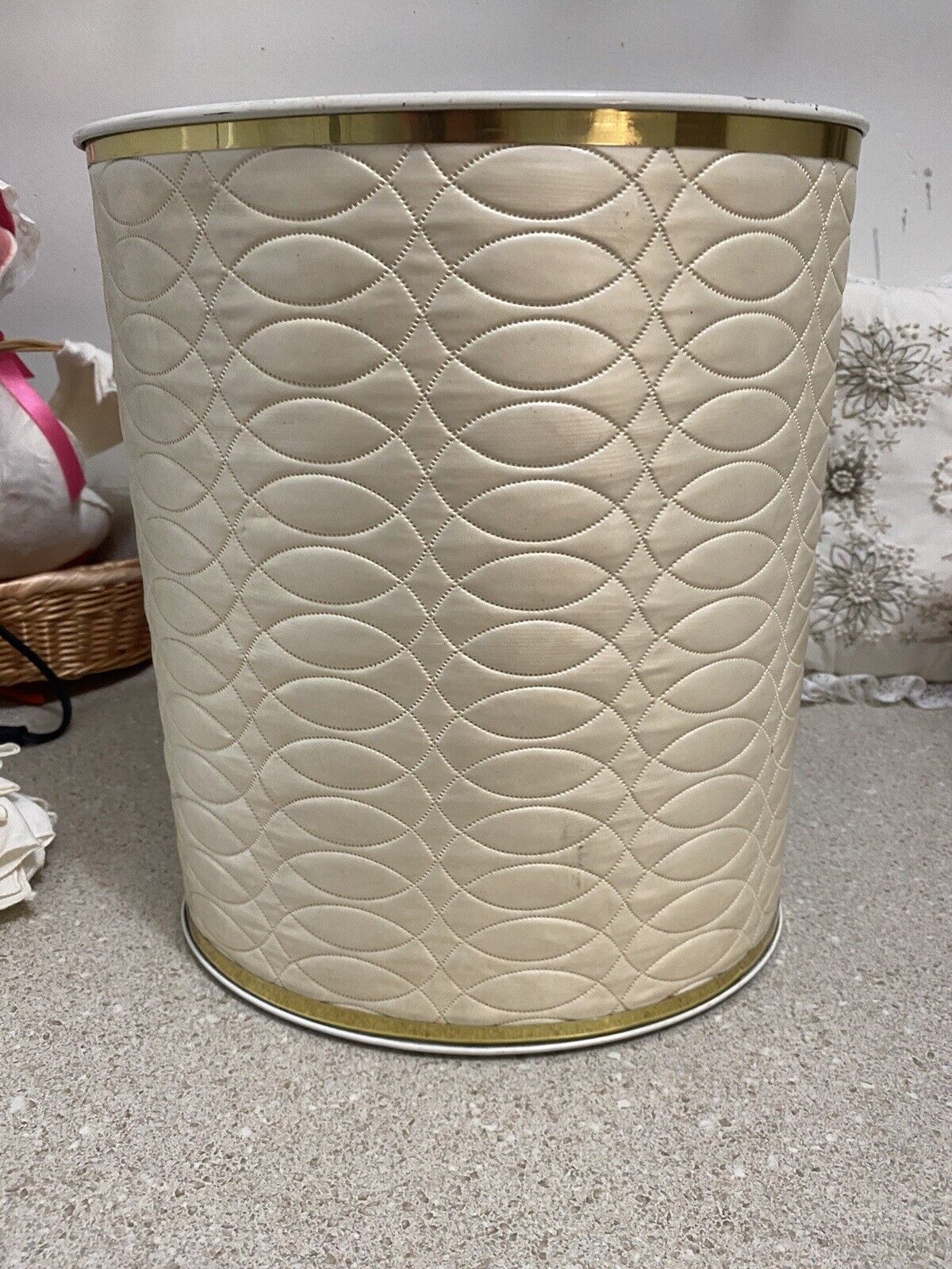 Vintage MCM White Quilted Trashcan
