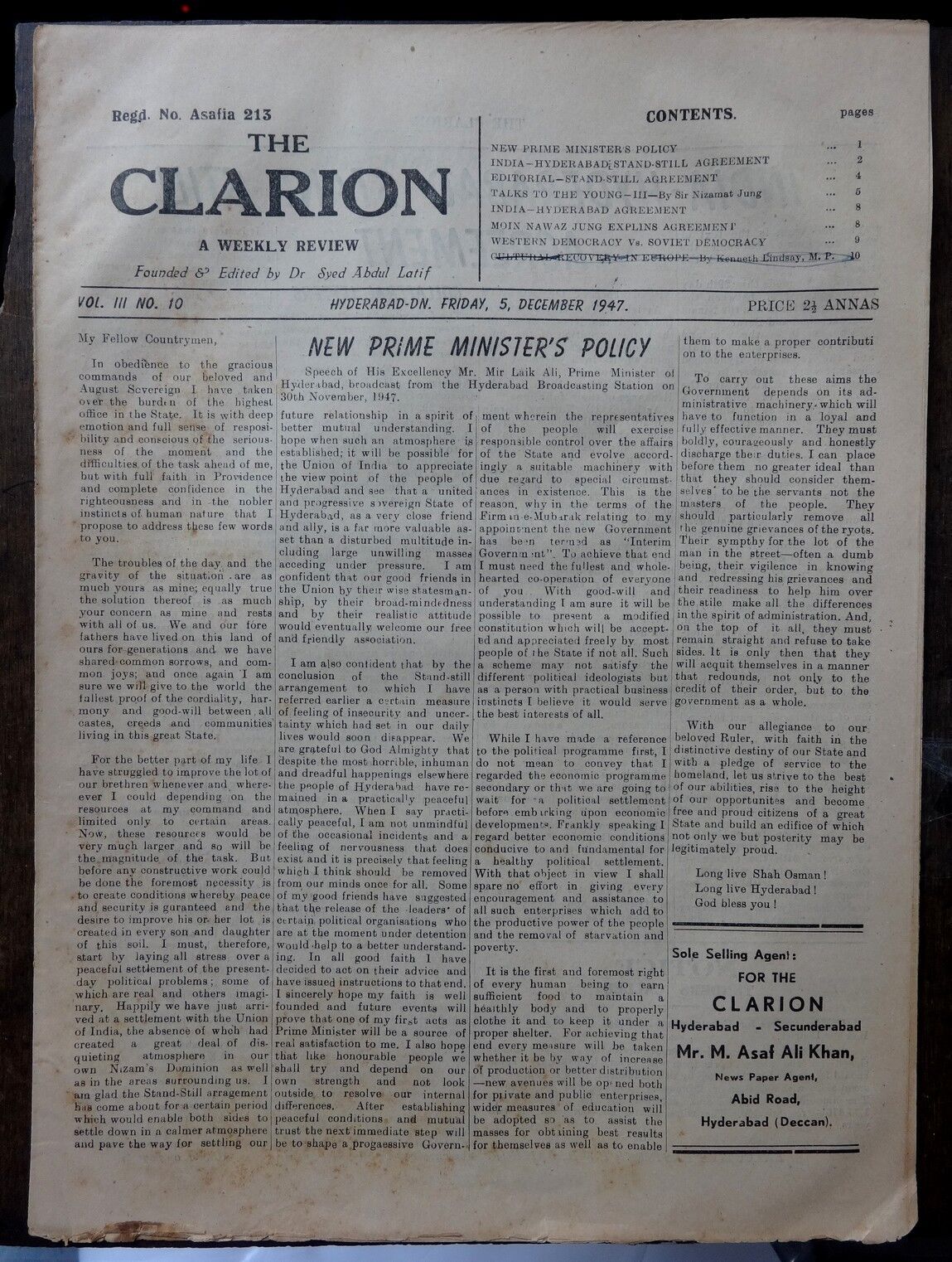 Clarion – A Hyderabad daily 5 Dec 1947 NEW PRIME MINISTER’S POLICY