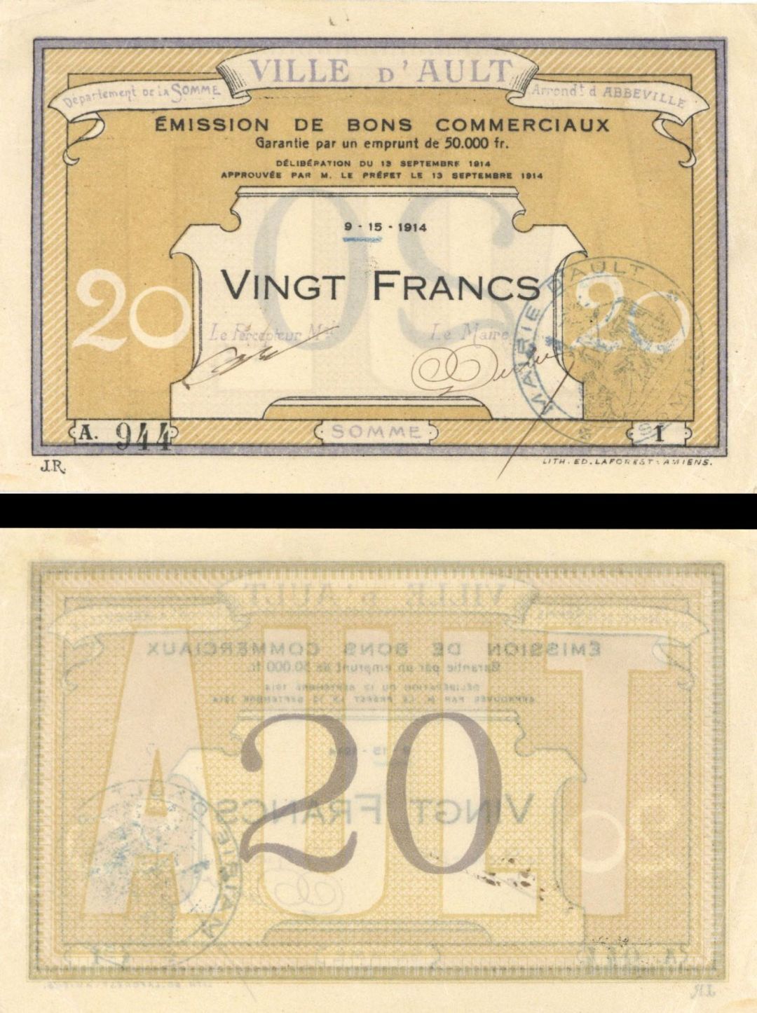 France, Notgeld - 1914, 20 Francs - Foreign Paper Money - Paper Money - Foreign
