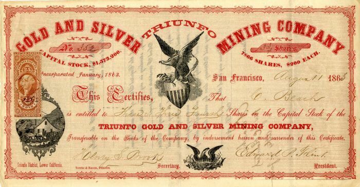 Triunfo Gold and Silver Mining Co. - Stock Certificate - Mining Stocks