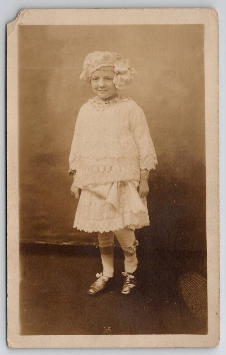 RPPC Cute Little Flapper Girl Lace Dress And Bonnet Bows c1920s Postcard C25