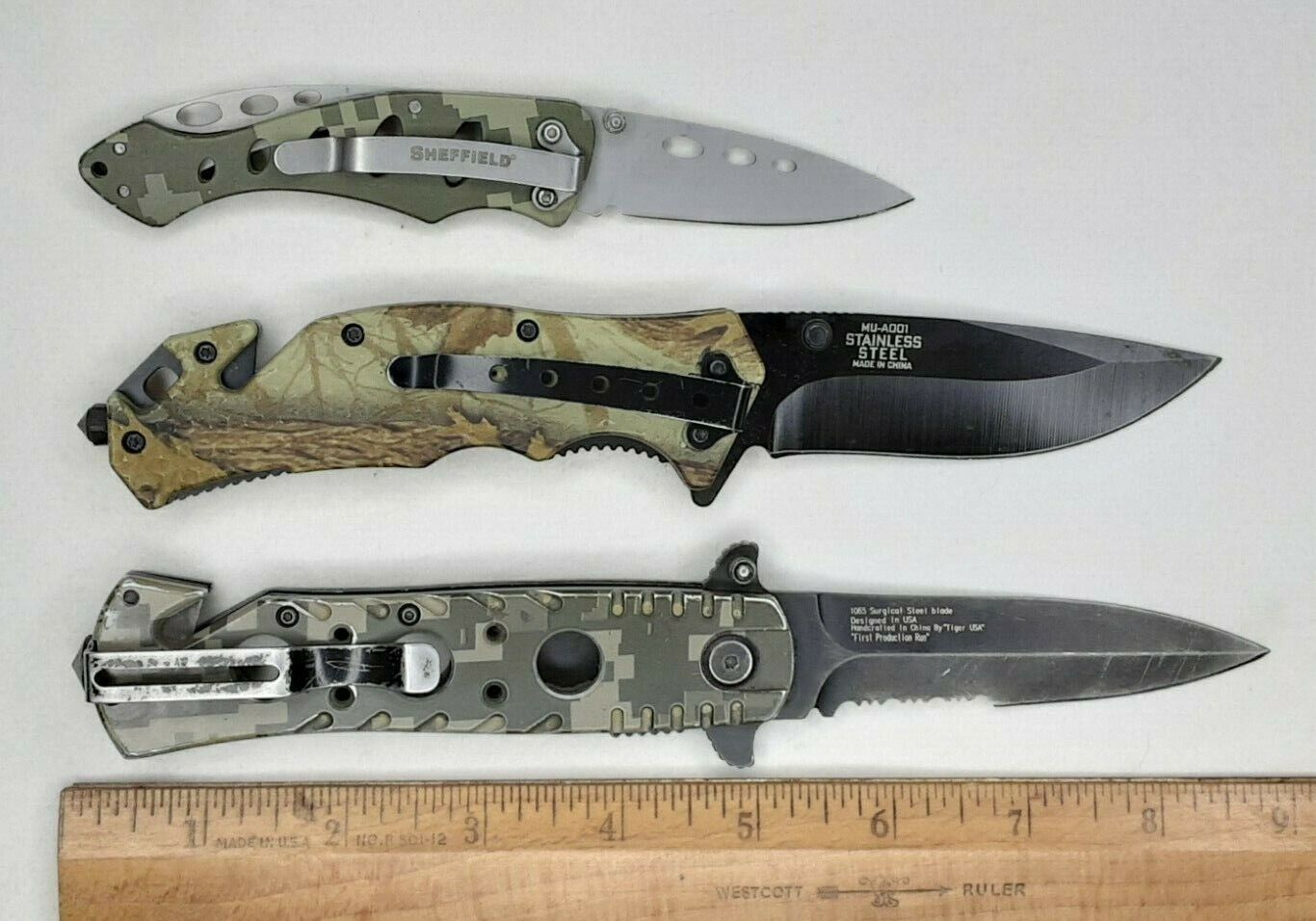Set/Lot of 3 Camo Folding Survival/Tactile Knives.