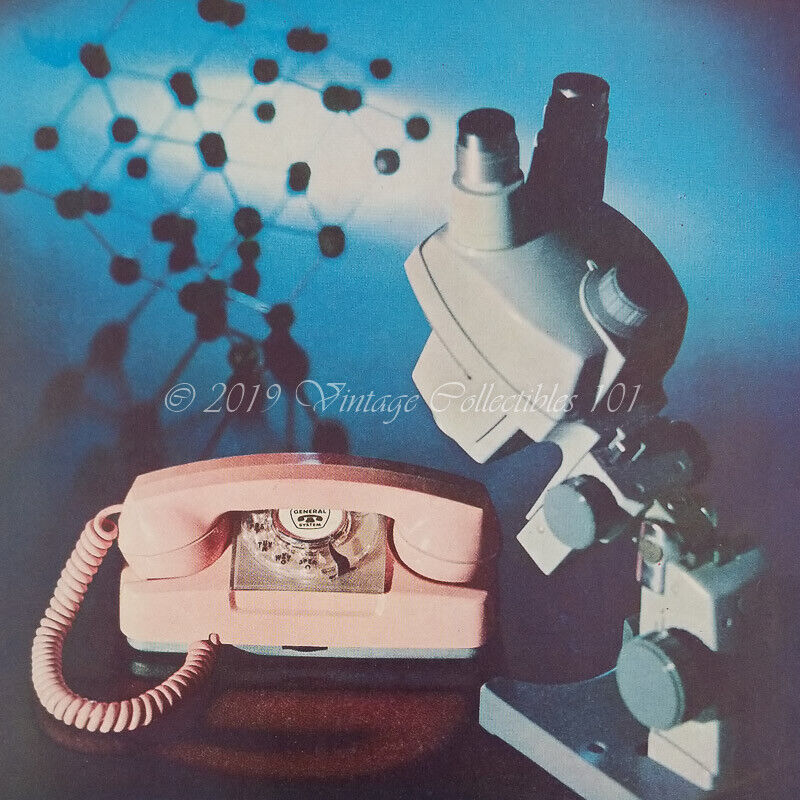 1962 GTE Pink Rotary Phone Laser Science Microscope photo art decor vintage ad