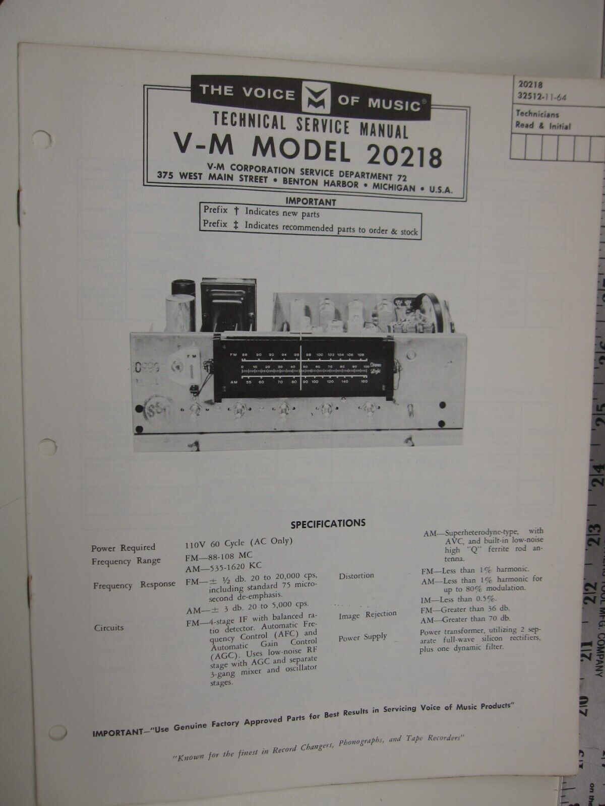SF V-M Voice of Music Technical Service Manual  MODEL 20218  BIS