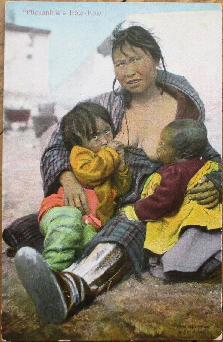 Breastfeeding Eskimo Native American Woman 1909 Postcard, Alaska Yukon Expo AK