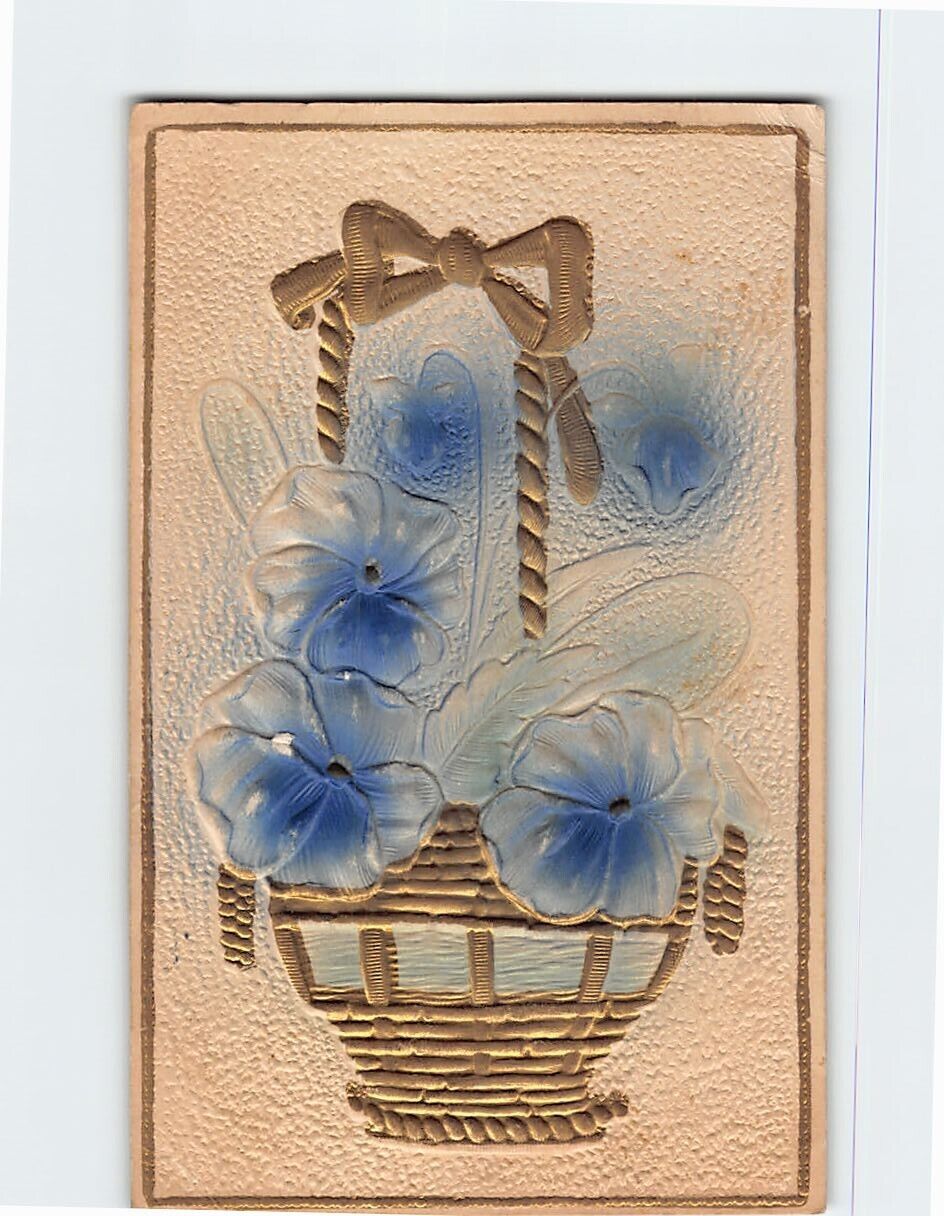 Postcard Blue Flower Basket Embossed Card