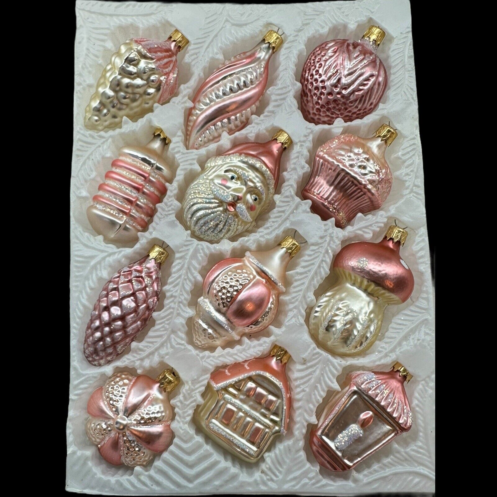 Kurt S. Adler Set of 12 Pink & White Glass Christmas Ornaments Santa Mushroom