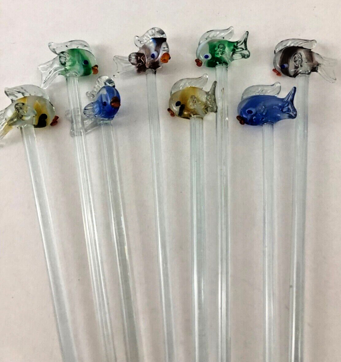 8 Colorful Tropical Fish Cocktail Stirrers Blown Glass Swizzle Sticks Barware