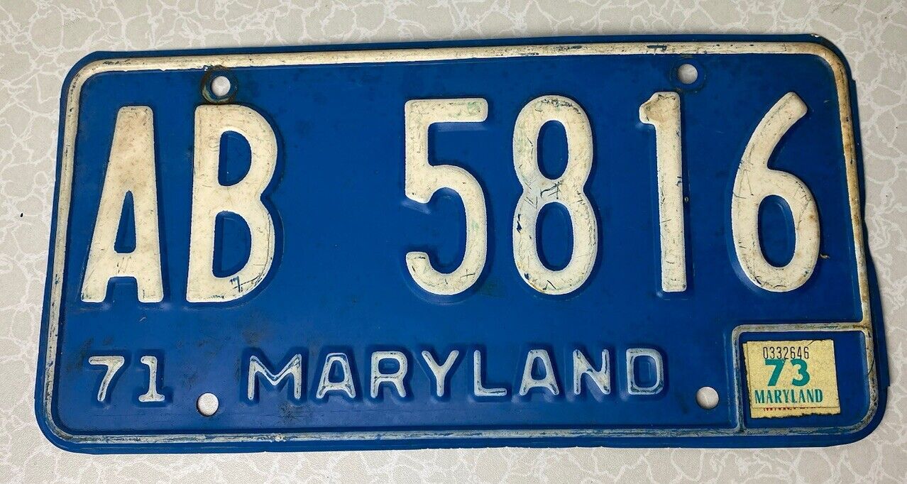 Maryland MD 1971 Blue License Plate AB 5816