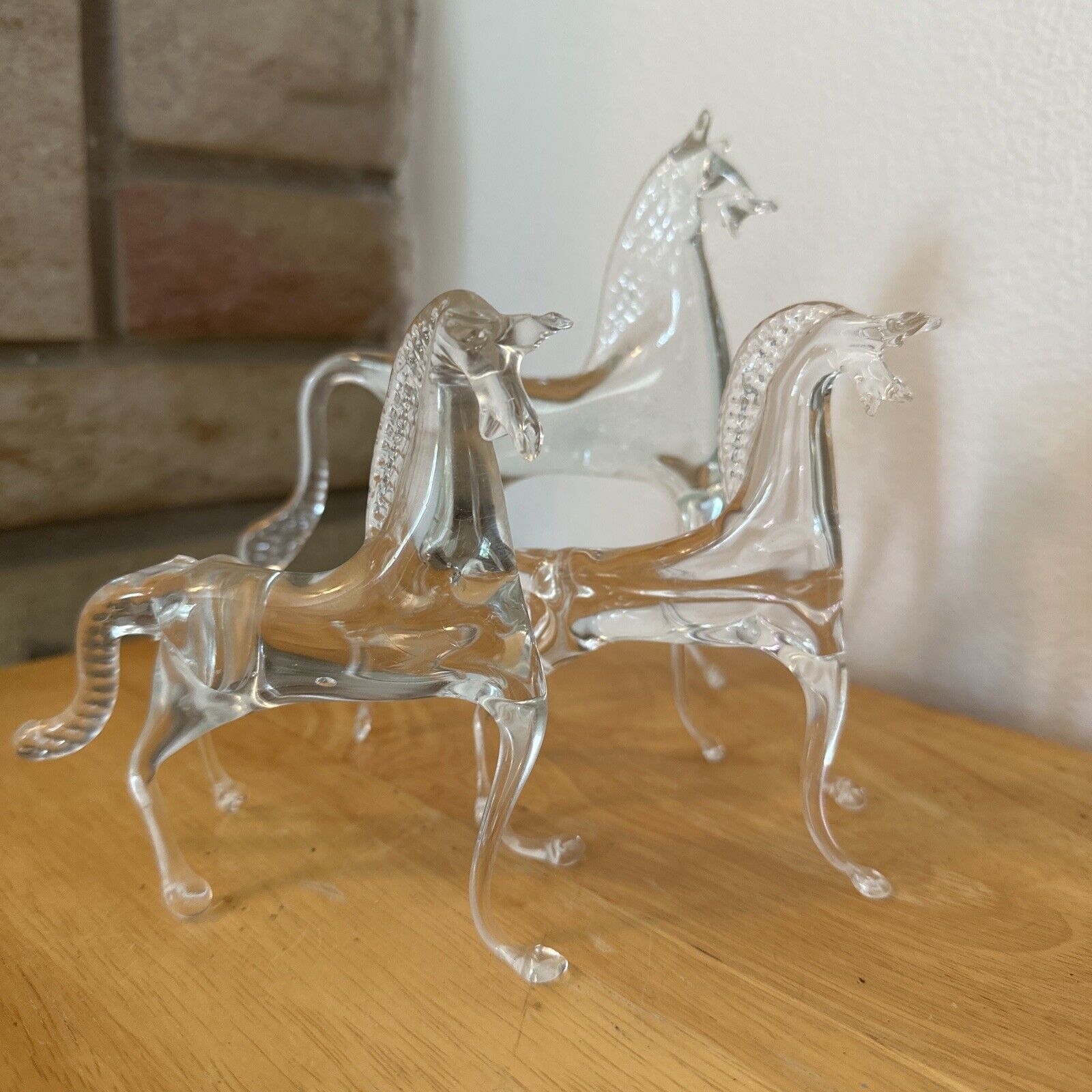 Hand blown Murano 3 Horses  Italy Clear glass Figurines standing Flawed Set Of 3