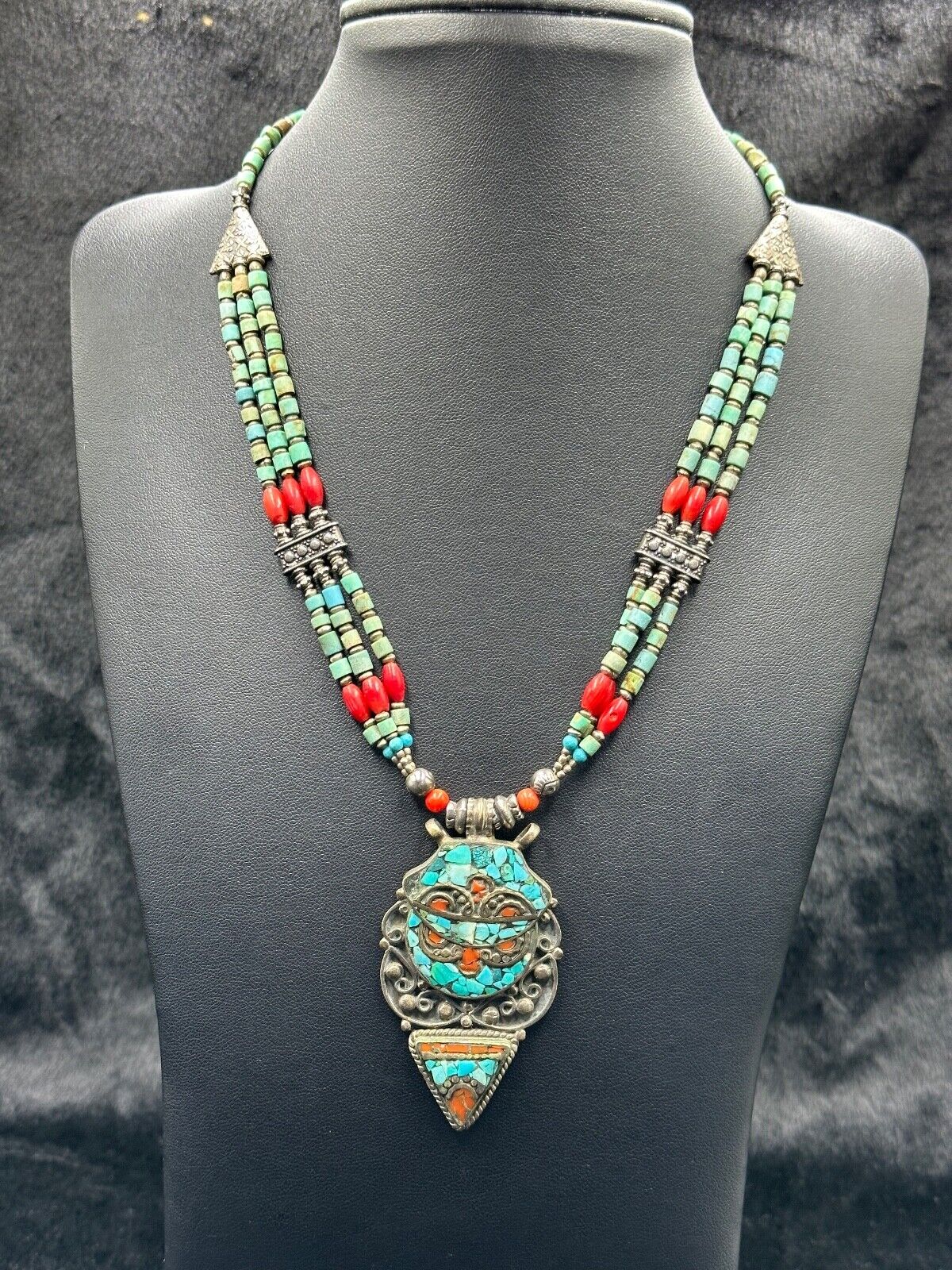 Vintage Nepali Tibetan Beautiful Design Necklace With Turquoise And Coral Stone