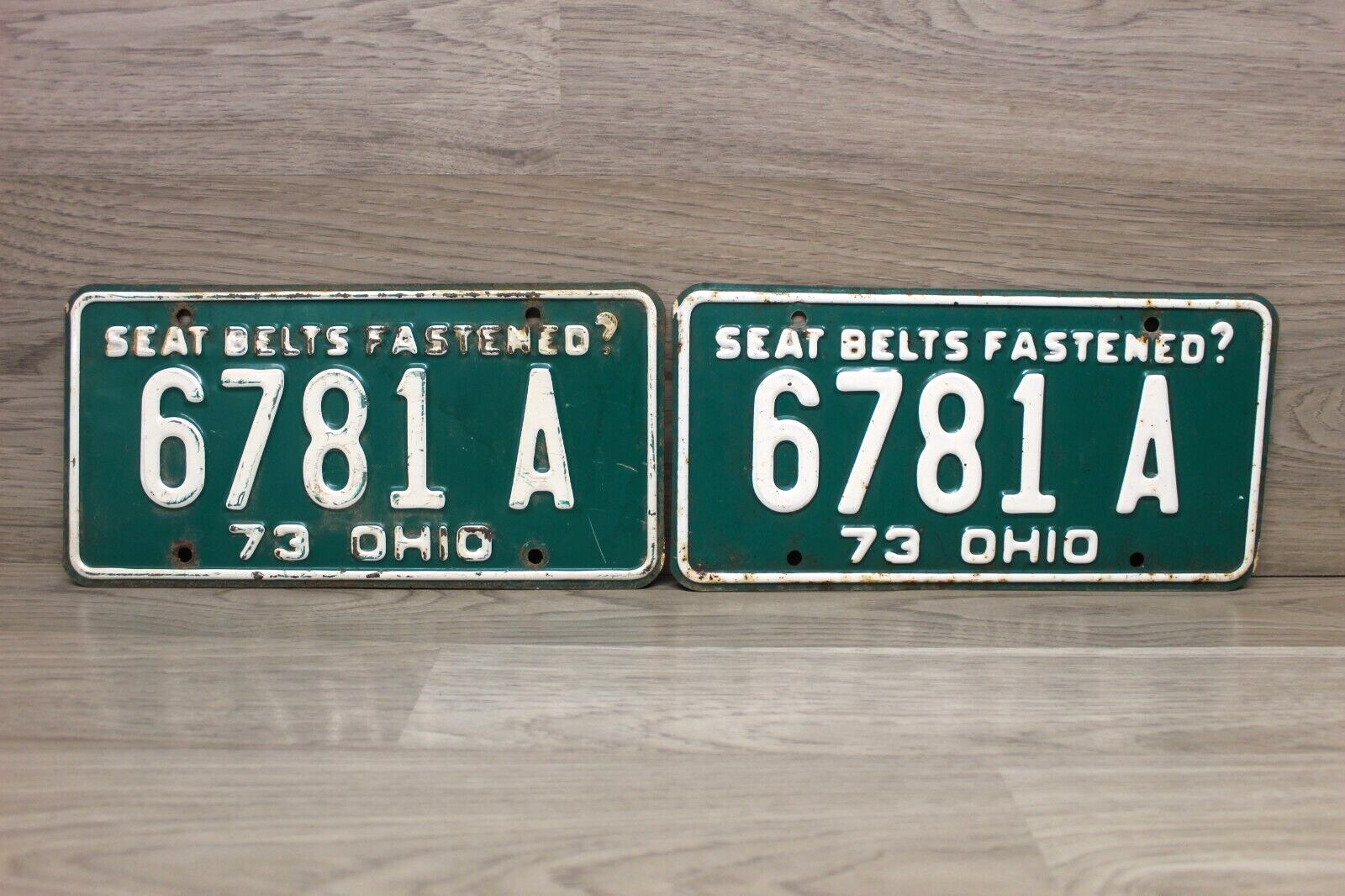 Ohio 1973 SEAT BELTS FASTENED? License Plate Pair 6781 A