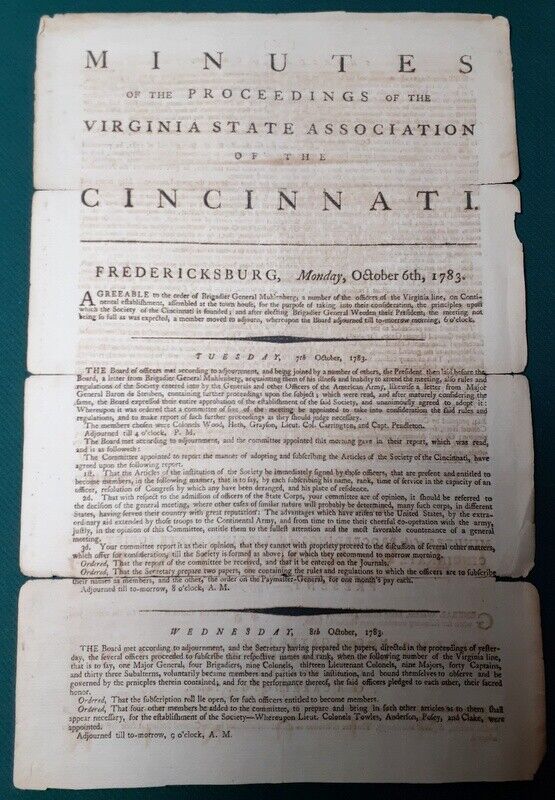 1783-86 Minutes of Proceedings of Virginia Society of Cincinnati Fredericksburg