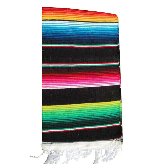 Black  5' x 7' Sarape Serape Mexican Blanket Saltillo Southwestern Beach Yoga