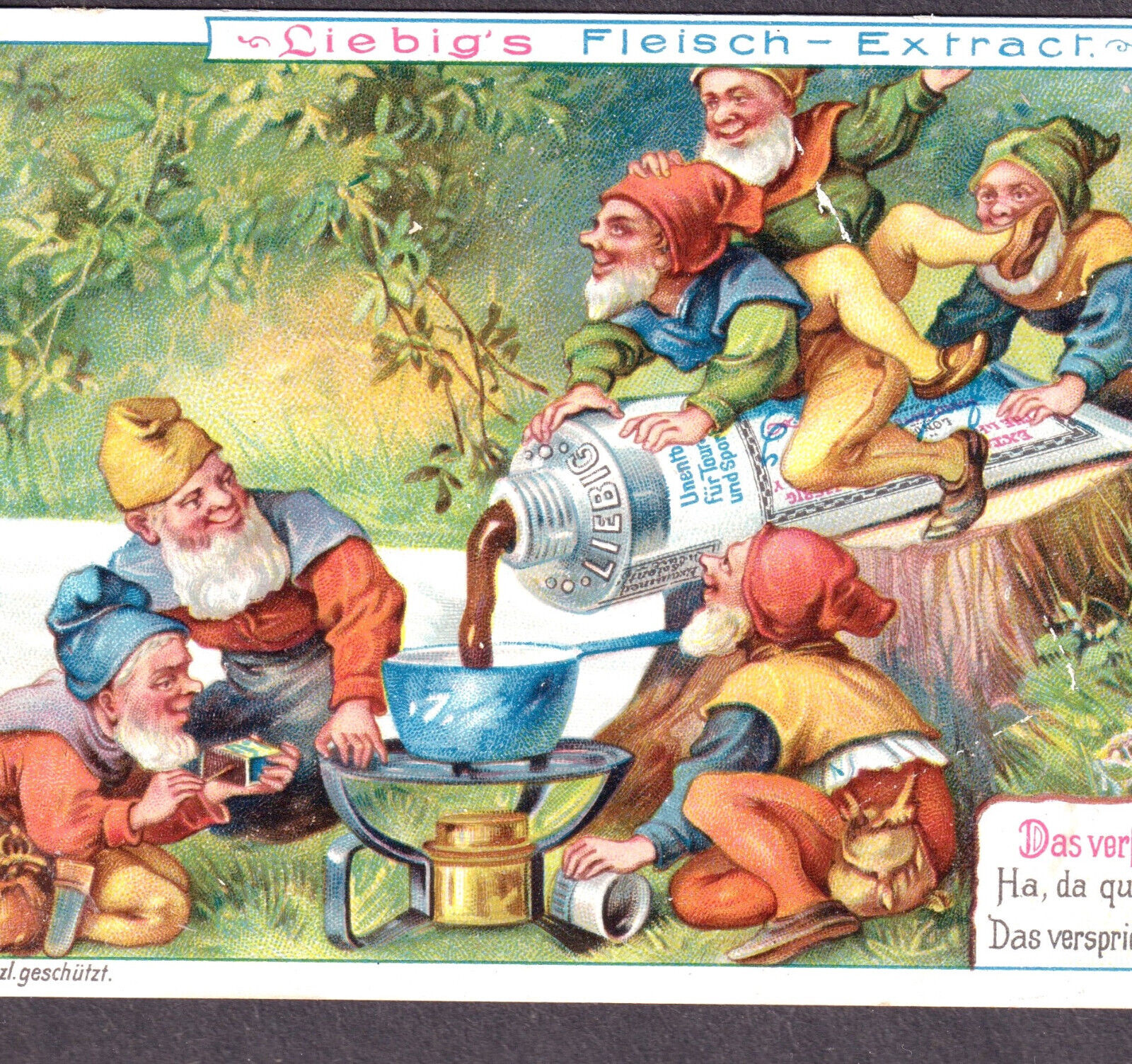 Antique Gnome 100+ yr old Fantasy Picnic Dwarf Party Liebig Victorian Trade Card