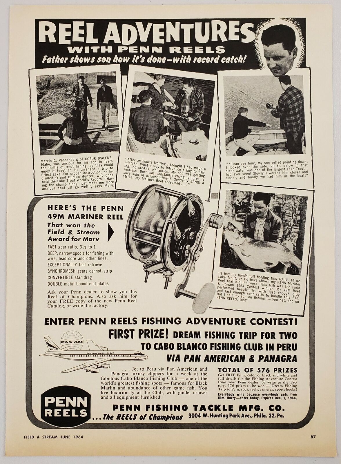 1964 Print Ad Penn 49M Mariner Fishing Reels 43-LB Lake Trout Philadelphia,PA